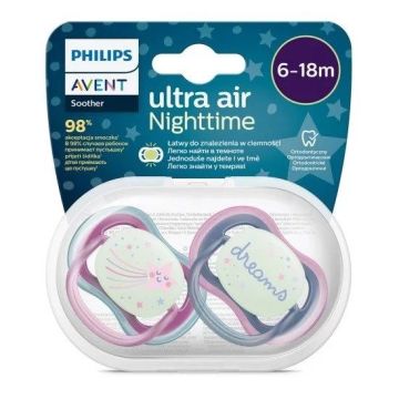 Avent Ultra Air Night Светеща в тъмното ортодонтична залъгалка силикон за деца от 6 до 18 месеца x2 броя, Звезда/Dreams- розови