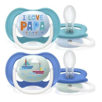 Avent Ultra Air Happy Ортодонтична залъгалка силикон Papa и Лодка за деца от 6 до 18 месеца x2 броя