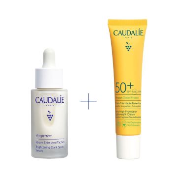 Caudalie Комплект за лице Vinoperfect Серум за лице за сияйна кожа и Vinosun Protect Слънцезащитен флуид за лице SPF50+