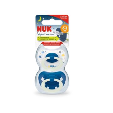 Nuk Signature Night Залъгалка силикон за деца с кутийка от 0-6 месеца х2 броя, момче