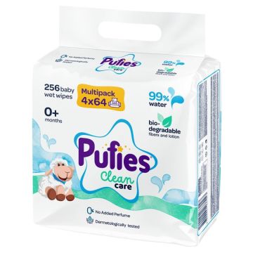 Pufies Clean Care Мокри кърпички с 99% вода за бебета 4х64 броя