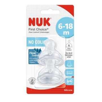 Nuk First Choice+ Силиконов биберон за храна Flow Control 6-18 м x2 броя,