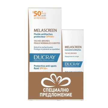 Ducray Комплект за лице Melascreen Защитен флуид против петна SPF50+ и Melascreen Концентрат срещу петна