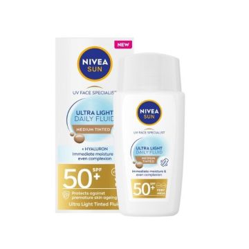 Nivea Sun Ultra Light Оцветен слънцезащитен флуид за лице SPF50+ x40 мл, цвят Medium