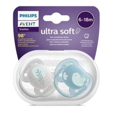 Avent Ultra Soft Ортодонтична залъгалка силикон за деца от 6 до 18 месеца x2 броя, Пиле/Перо