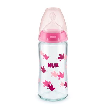 Nuk First Choice Temperature Control Стъклено шише със силиконов биберон за хранене 0-6 месеца x240 мл
