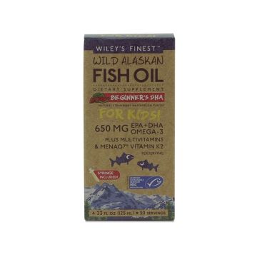 Wiley’s Finest Wild Alaskan Fish Oil Beginner’s DHA Рибено масло Омега 3 и Витамини за деца над 1 година С вкус на ягоди и диня х125 мл