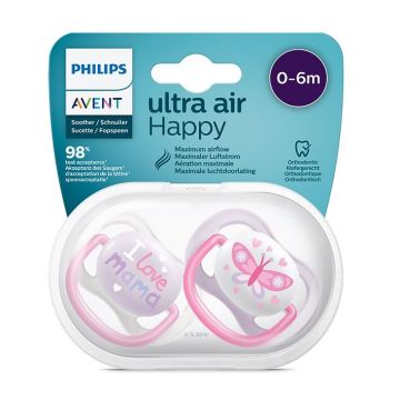 Avent Ultra Air Happy Ортодонтична залъгалка силикон за деца от 0 до 6 месеца x2 броя, Girl