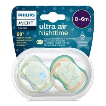 Avent Ultra Air Night Светеща в тъмното ортодонтична залъгалка силикон за деца от 0 до 6 месеца x2 броя, Звезда/Сова