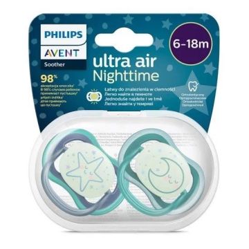 Avent Ultra Air Night Светеща в тъмното ортодонтична залъгалка силикон за деца от 6 до 18 месеца x2 броя, Звезда/Луна - сини