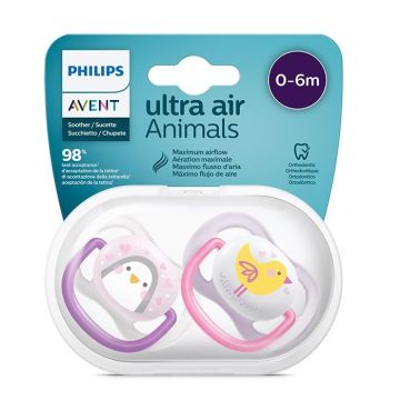 Avent Ultra Air Animals Ортодонтична залъгалка силикон за деца от 0 до 6 месеца x2 броя, Girl
