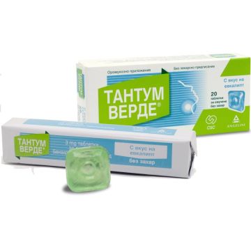 Тантум Верде с вкус на евкалипт при възпалено гърло и болки в устната кухина 3 мг x20 таблетки за смучене Angelini