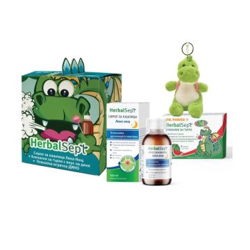 Dr. Theiss Комплект Нerbalsept Лека нощ Сироп за кашлица и Близалки за гърло с вкус на диня и Плюшена играчка Дино