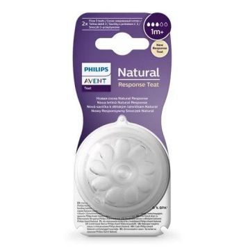 Avent Natural Response Комплект от 2 броя биберони без протичане за бебета над 1 месец, сила на потока 3
