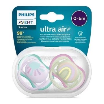Avent Ultra Air Ортодонтична залъгалка силикон за деца от 0 до 6 месеца x2 броя, Слънце/Дъга - лилави
