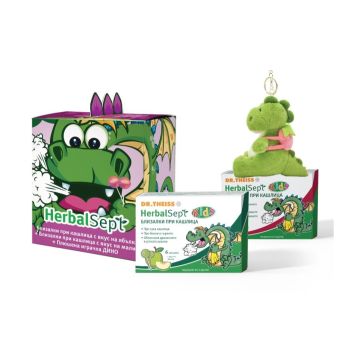 Dr. Theiss Комплект HerbalSept Kids Близалки при кашлица 2х6 броя и Плюшена играчка Дино