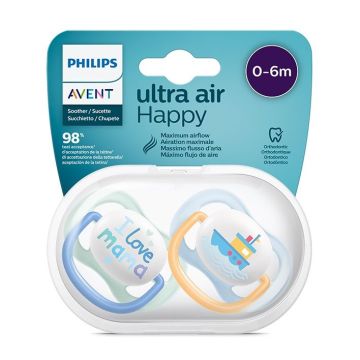 Avent Ultra Air Happy Ортодонтична залъгалка силикон за деца от 0 до 6 месеца x2 броя, Boy