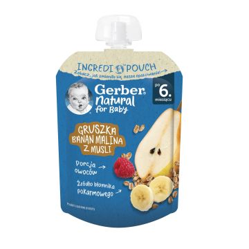 Gerber Плодова закуска с круша, банан, малина и мюсли за деца 6м+ x80 грама